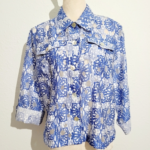 Ruby Rd Favorites Floral Sheer Button-Up Jacket Roll-Tab Sleeve Women’s 16P Blue - Picture 1 of 11